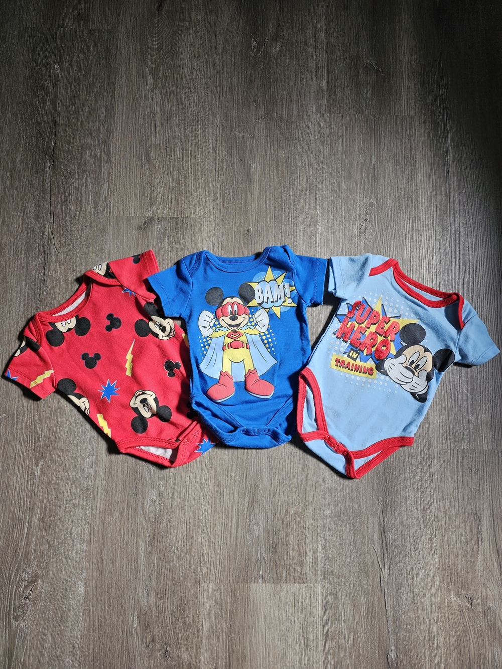 Mickey Mouse Superhero Baby One-Piece Bodysuit Bundle - Red/Blue/Light Blue